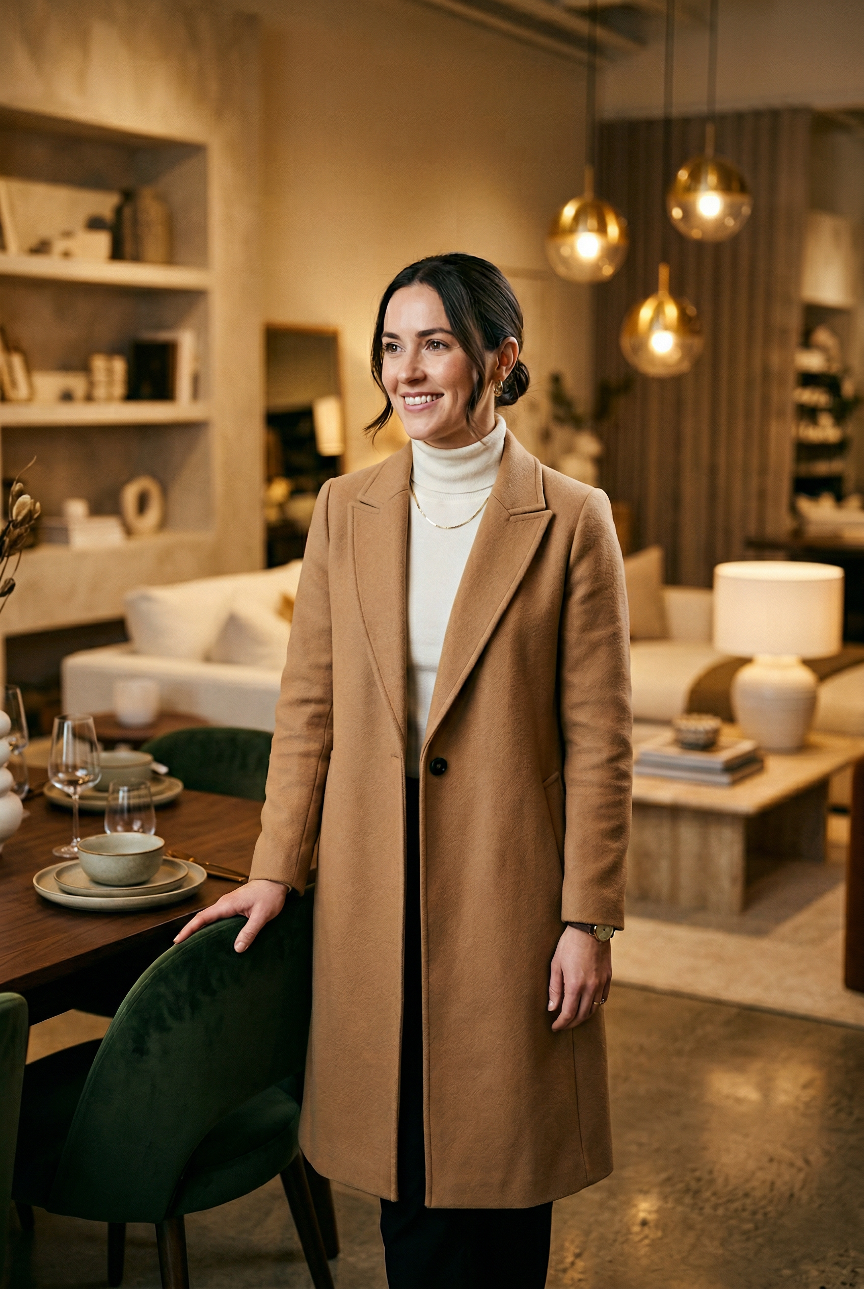 Showroom icerisinde ayakta duran kadin mimar