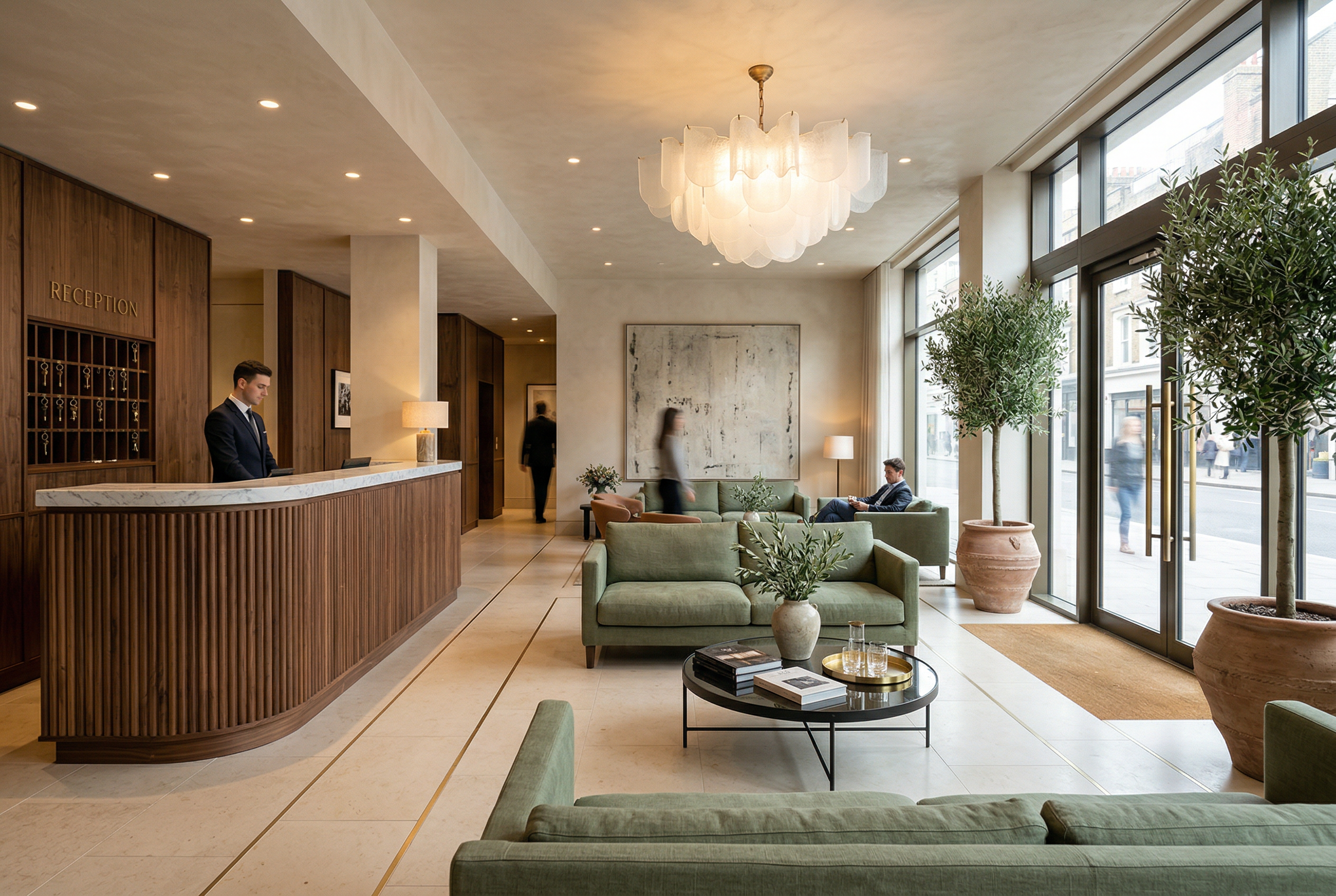 Butik otel lobisinde tasarlanmis oturma alani ve resepsiyon