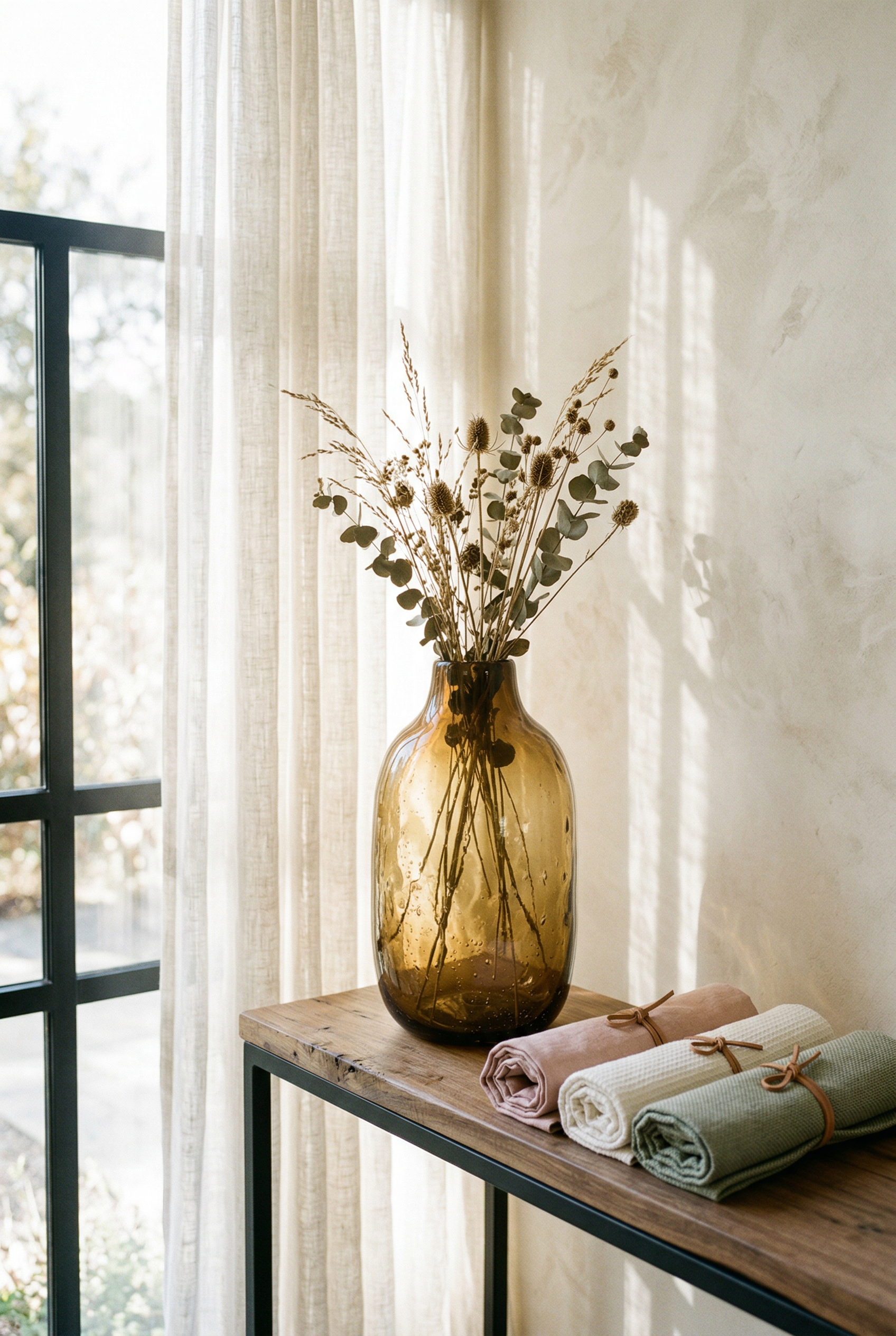 Pencere onunde cam vazo ve kumas ornekleri ile dikey natirmort