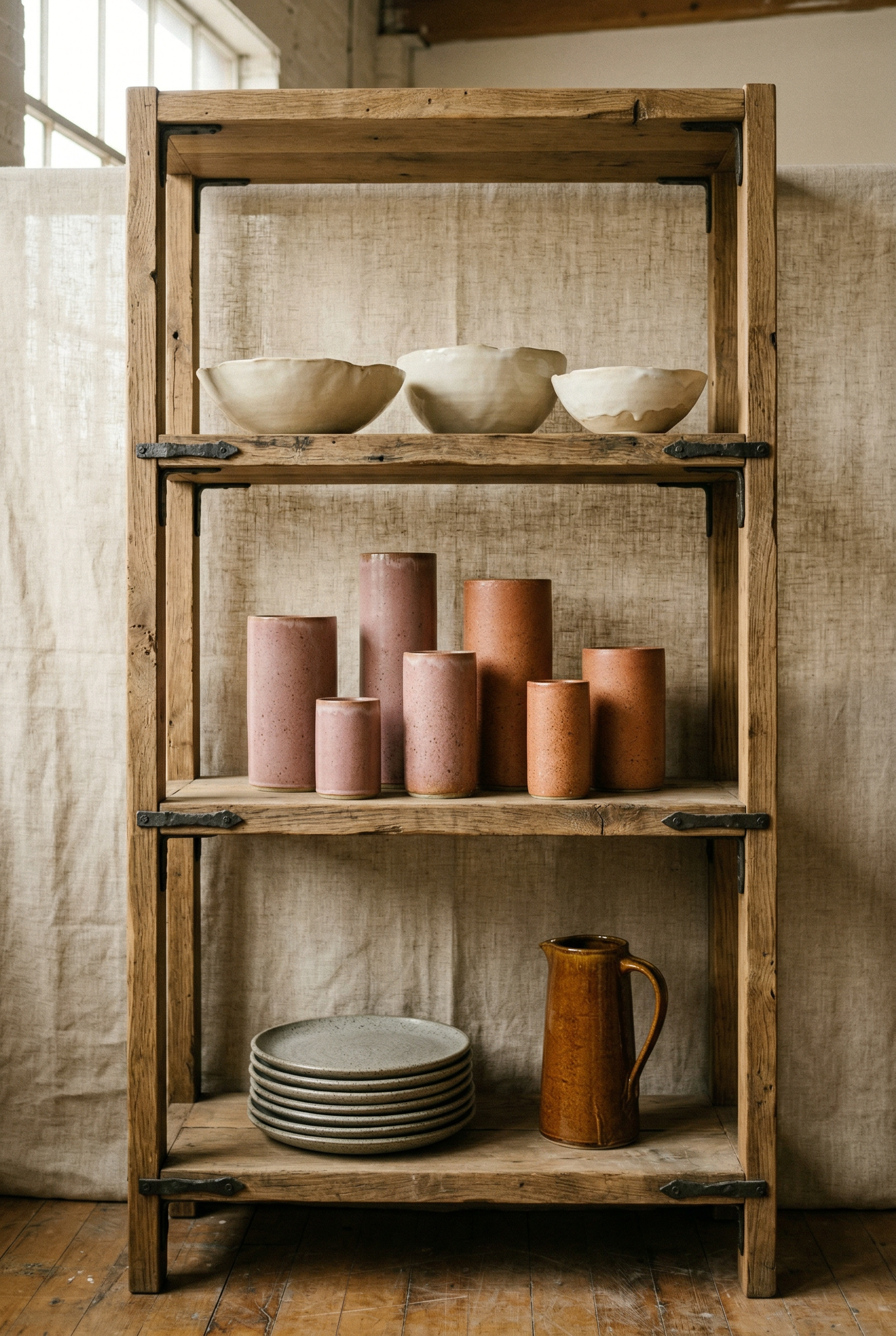 Ahsap rafta siralanmis el yapimi seramik kase ve tabaklar