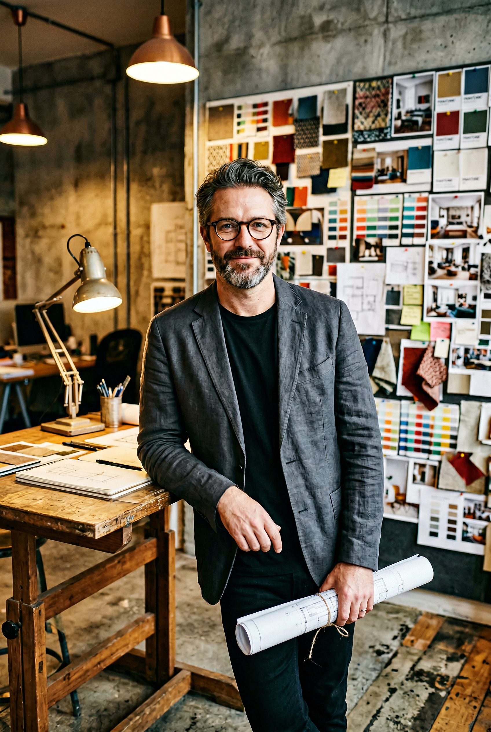 Tasarim studyosunda calisma masasina yaslanan erkek sanat yonetmeni