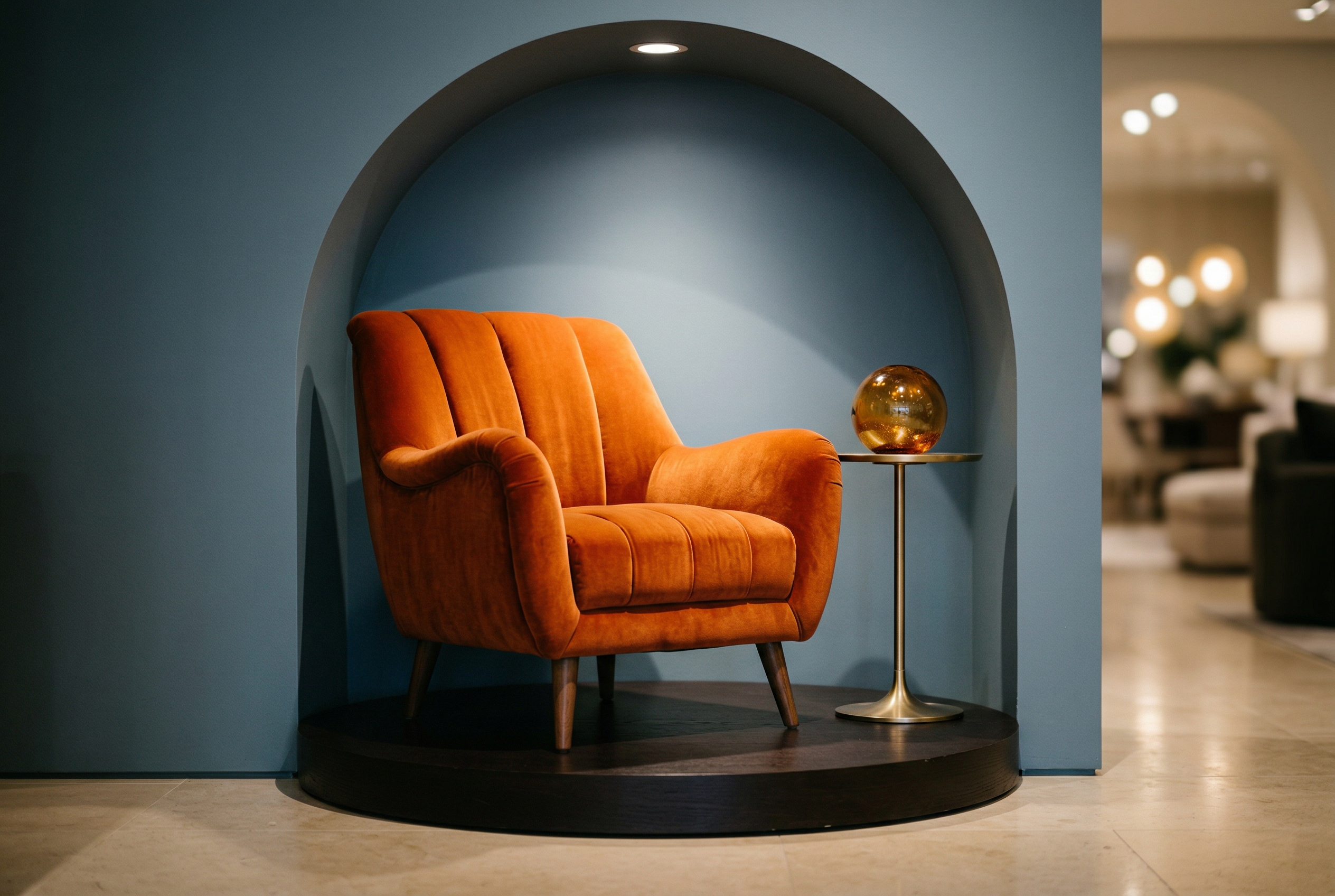 Turuncu kadife koltuk ve pirinc aksesuar ile dekore edilmis vitrin