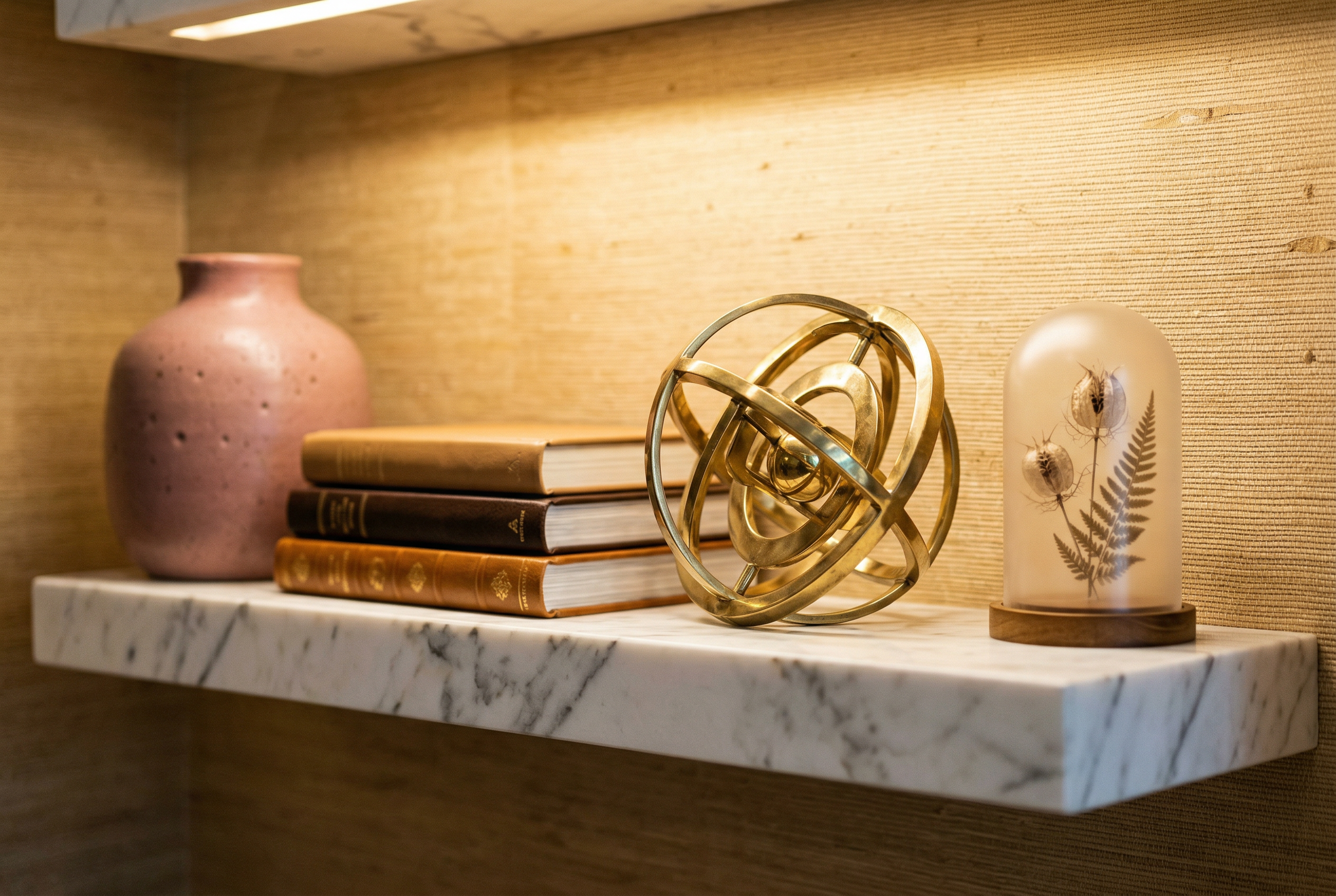 Mermer raf uzerinde seramik ve cam dekoratif objeler