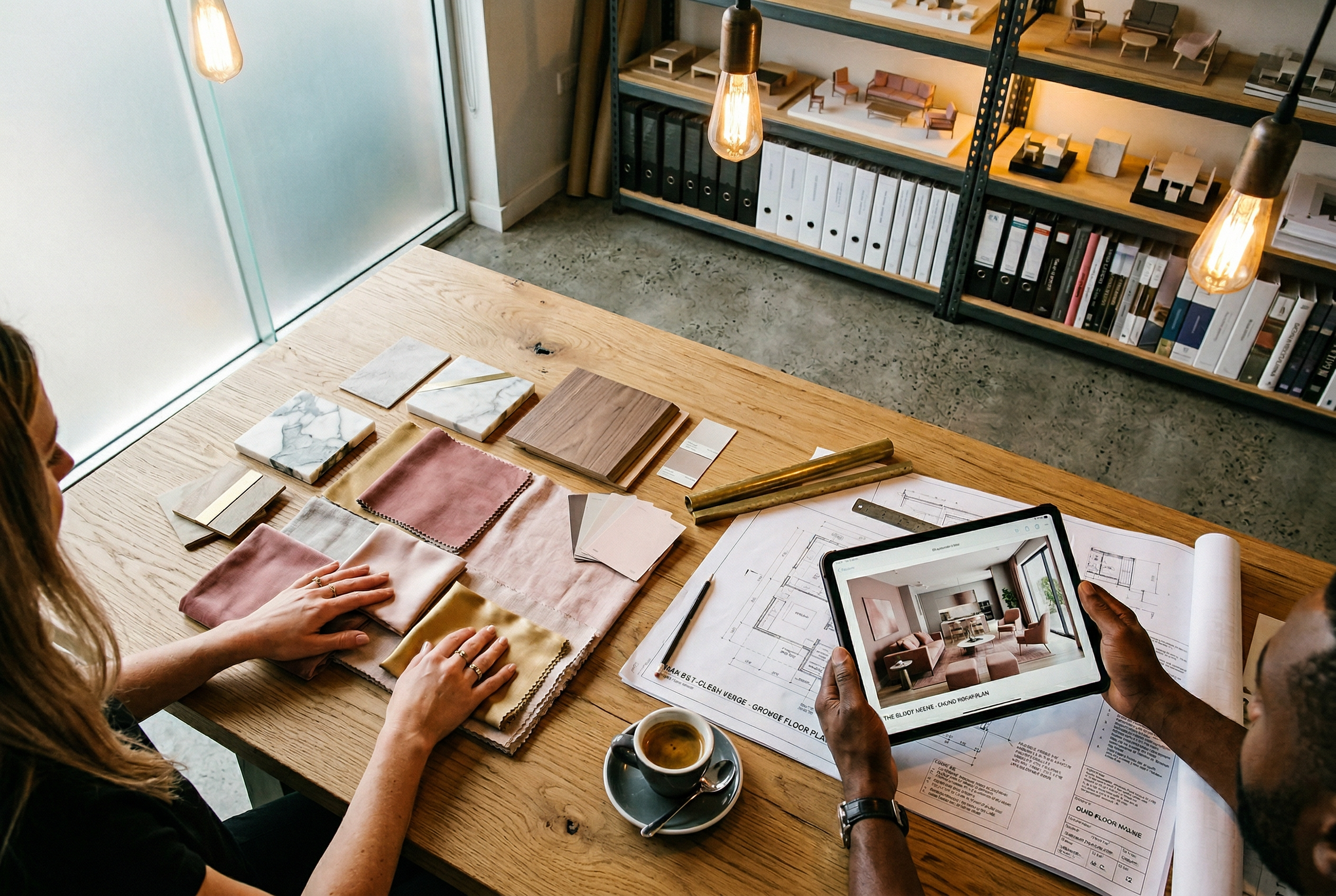 Tasarim studyosunda malzeme orneklerini inceleyen ekip